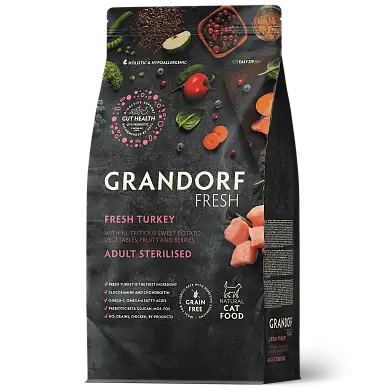 Grandorf FRESH сухой беззерновой корм для стерилизованных кошек с живыми пробиотиками, индейка и батат